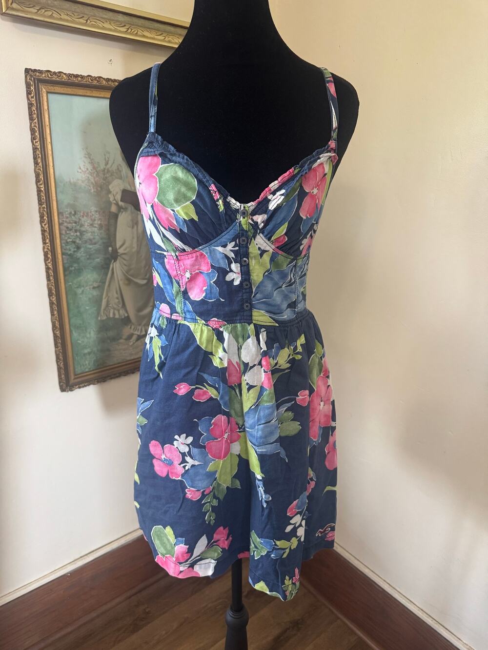 100% Cotton Hollister Floral Mini Dress S Smocked Y2K 2000s Sundress Cottagecore